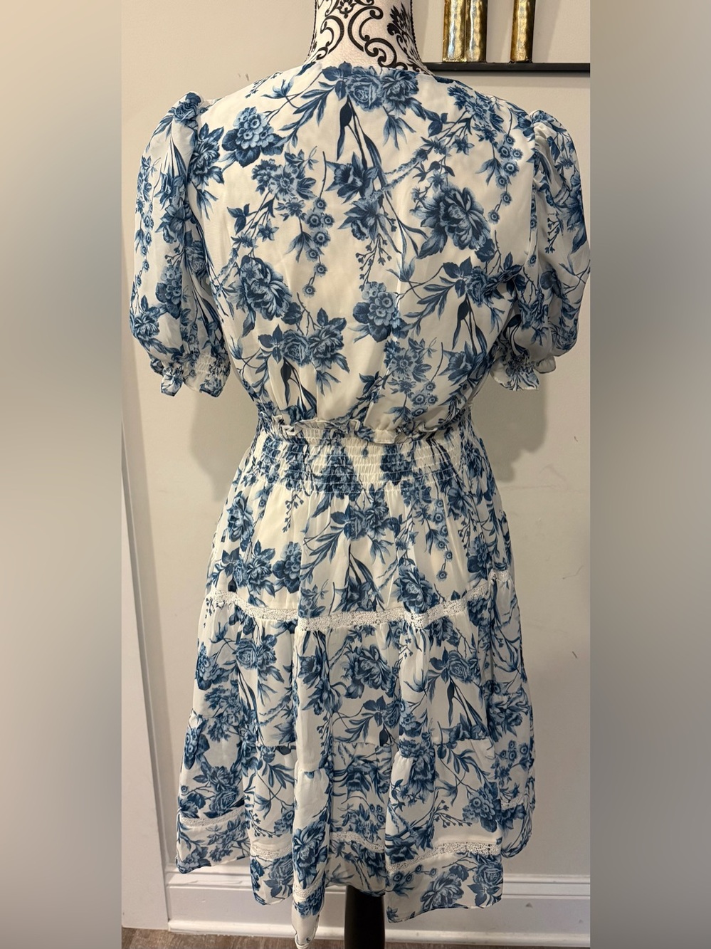 Taylor Blue & Cream Floral Wrap-Style Midi Dress - Picture 6 of 10